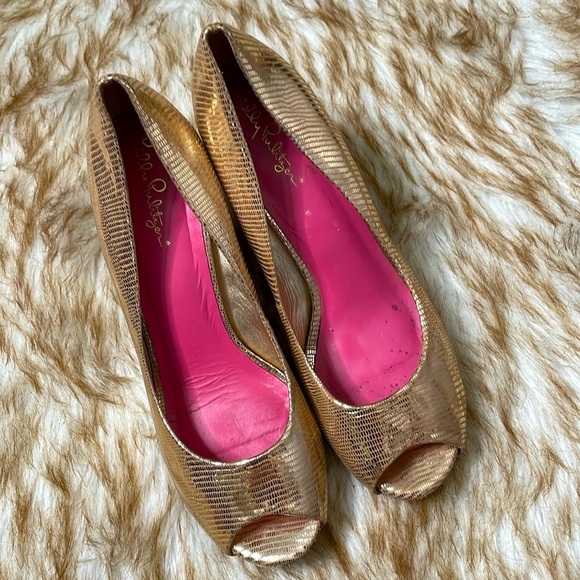Lilly Pulitzer metallic leather peeptoe wedge - Picture 4 of 8